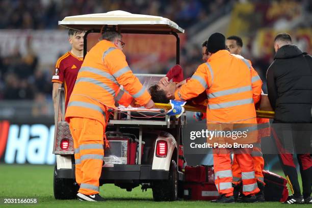 Diego Llorente of AS Roma looks dejected as he leaves the field after suffering an injury during the UEFA Europa League 2023/24 knockout round...