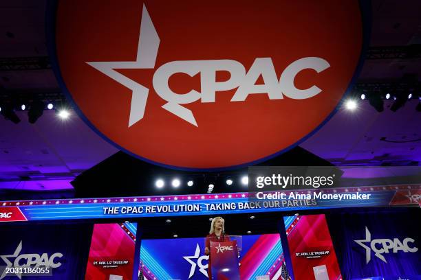 Former U.K. Prime Minister Liz Truss speaks during the Conservative Political Action Conference at Gaylord National Resort Hotel And Convention...