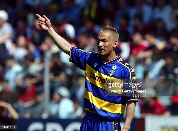 Hidetoshi Nakata of Parma in action during the Serie A match between Parma and Bologna, played on May 3, 2003 at the Ennio Tardini Stadium, Parma,...