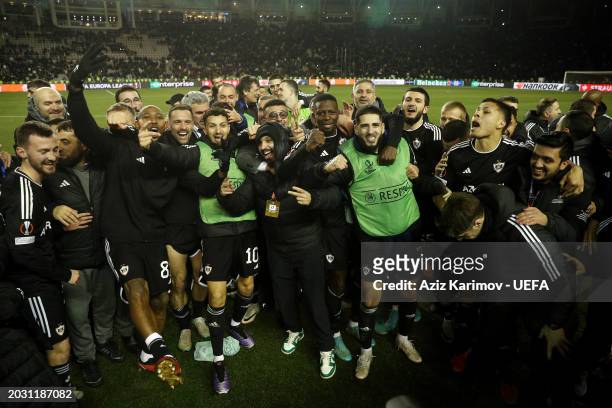 Players and staff of Qarabag FK celebrate victory via aggregate, reaching the UEFA Europa League Round of 16 for the first time in their history, in...