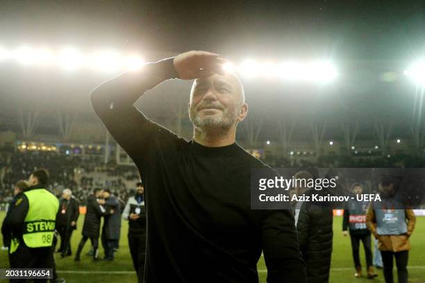 Gurban Gurbanov, Head Coach of Qarabag FK, celebrates after the UEFA Europa League 2023/24 knockout round play-offs second leg match between Qarabag...