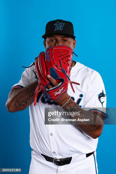 Sixto Sanchez of the Miami Marlins poses during Photo Day at Roger Dean Stadium on February 22, 2024 in Jupiter, Florida.