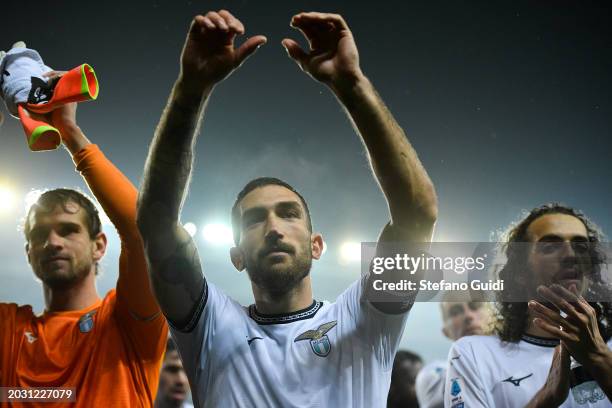 Danilo Cataldi of SS Lazio and Matteo Guendouzi of SS Lazio celebrates a victory for 0-2 against Torino FC during the Serie A TIM match between...