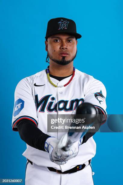 Luis Arraez of the Miami Marlins poses during Photo Day at Roger Dean Stadium on February 22, 2024 in Jupiter, Florida.
