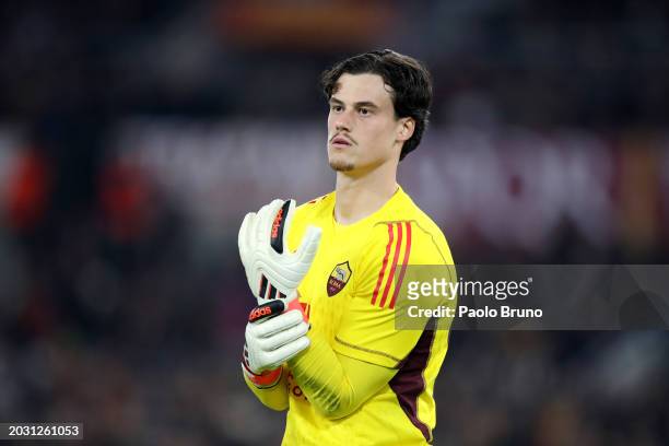 Mile Svilar of AS Roma looks on prior to the penalty shoot out during the UEFA Europa League 2023/24 knockout round play-offs second leg match...