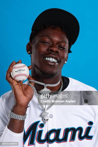 Jazz Chisholm Jr. #2 of the Miami Marlins poses during Photo Day at Roger Dean Stadium on February 22, 2024 in Jupiter, Florida.