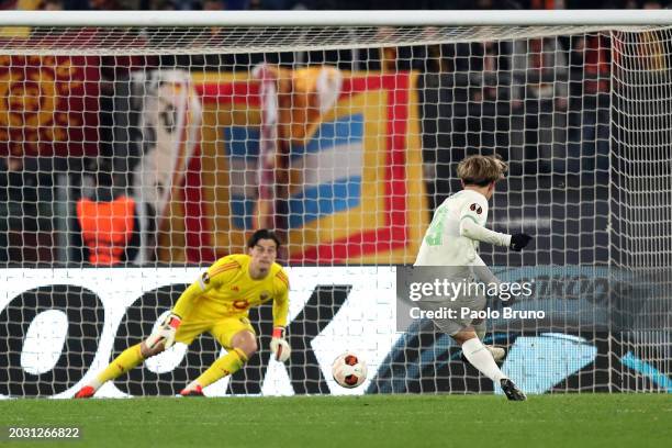 Ayase Ueda of Feyenoord scores the team's first penalty in the penalty shoot out during the UEFA Europa League 2023/24 knockout round play-offs...