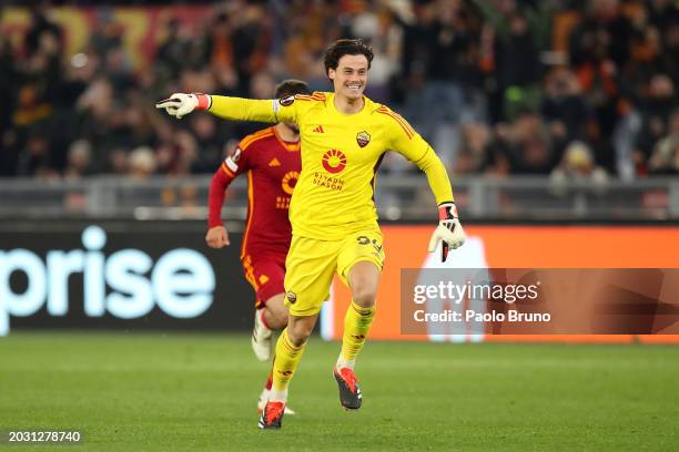 Mile Svilar of AS Roma celebrates after victory in the penalty shoot out following the UEFA Europa League 2023/24 knockout round play-offs second leg...