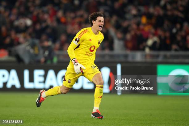Mile Svilar of AS Roma celebrates after victory in the penalty shoot out following the UEFA Europa League 2023/24 knockout round play-offs second leg...