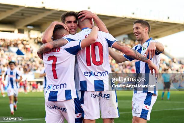 Daniel Raba of CD Leganes celebrates with teammates after scoring the team's third goal during the LaLiga Hypermotion between CD Leganes and AD...