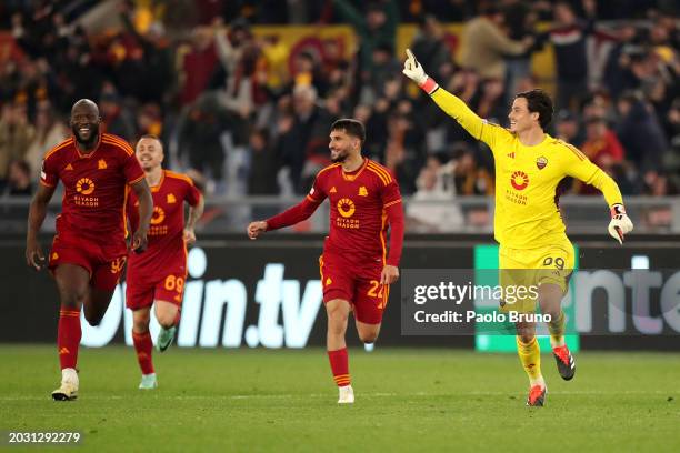 Mile Svilar of AS Roma celebrates after victory in the penalty shoot out following the UEFA Europa League 2023/24 knockout round play-offs second leg...