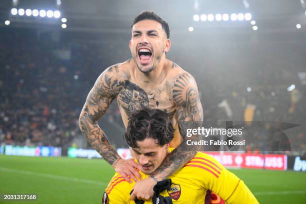 Leandro Paredes and Mile Svilar of AS Roma celebrate the victory after the penalty shootout during the UEFA Europa League 2023/24 knockout round...