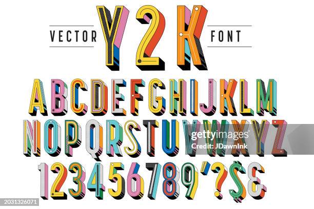 illustrazioni stock, clip art, cartoni animati e icone di tendenza di l'alfabeto retrò degli anni '90 y2k 3d con design di caratteri include lettere maiuscole e numeri su sfondo bianco - carattere tipografico