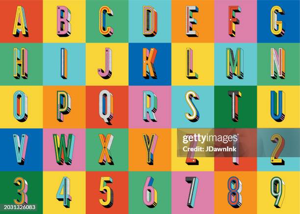 stockillustraties, clipart, cartoons en iconen met retro 90s y2k 3d font design alphabet includes capital letters and numbers on square blocks of colors - abc