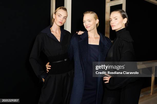 Caroline Trentini, Gemma Ward and Natasha and Poly are seen backstage ahead of the Max Mara fashion show during the Milan Fashion Week Womenswear...