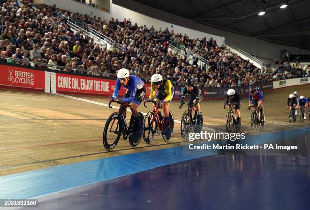 William Perrett and Finlay Tarling in the Men's Scratch Race final during day three of the National Track Championships, Manchester. Picture date:...