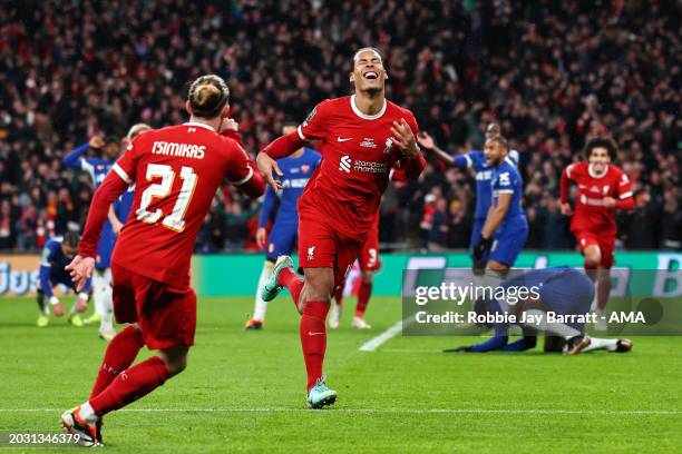 Virgil van Dijk of Liverpool celebrates after scoring a goal to make it 0-1 during the Carabao Cup Final match between Chelsea and Liverpool at...