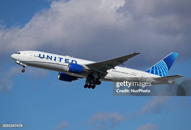 Boeing 777-222 from United Airlines is taking off from Barcelona Airport in Barcelona, Spain, on February 23, 2024.