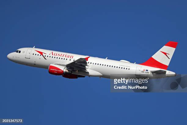 An Airbus A320-214 from Austrian Airlines is taking off from Barcelona Airport in Barcelona, Spain, on February 23, 2024.