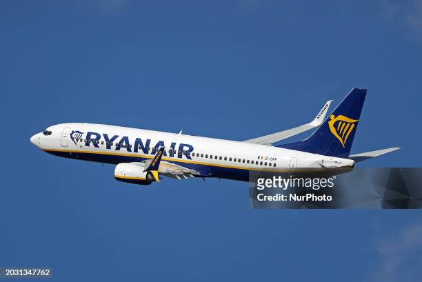 Boeing 737-8AS from Ryanair is taking off from Barcelona Airport in Barcelona, Spain, on February 23, 2024.