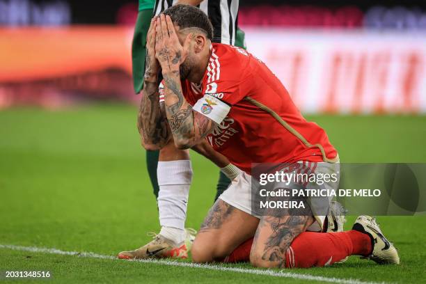 Benfica's Argentine defender Nicolas Otamendi reacts during the Portuguese League football match between SL Benfica and Portimonense SC at the Luz...