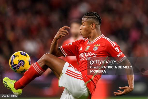 Benfica's Brazilian forward David Neres controls the ball during the Portuguese League football match between SL Benfica and Portimonense SC at the...