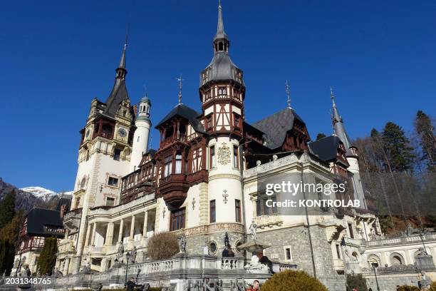 View of Peles Castle in the city of Sinaia, Greater Wallachia.