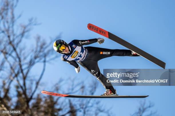 Sandro Hauswirth of Switzerland competes during the FIS World Cup Ski Jumping Men Individual HS235 on February 25, 2024 in Oberstdorf, Germany.