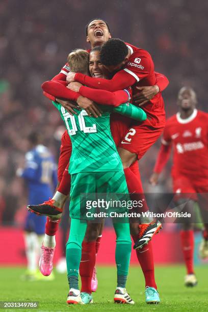 Liverpool goalkeeper Caoimhin Kelleher, Virgil van Dijk, Joe Gomez and Cody Gakpo celebrate at the whistle after extra time during the Carabao Cup...