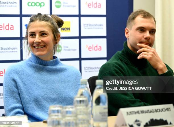 France's Justine Braisaz-Bouchet and France's Emilien Jacquelin attend a press meeting in Stockholm on February 25, 2024 on the eve of the Biathlon...