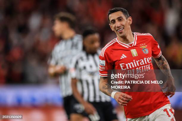Benfica's Argentine forward Angel Di Maria celebrates after scoring during the Portuguese League football match between SL Benfica and Portimonense...