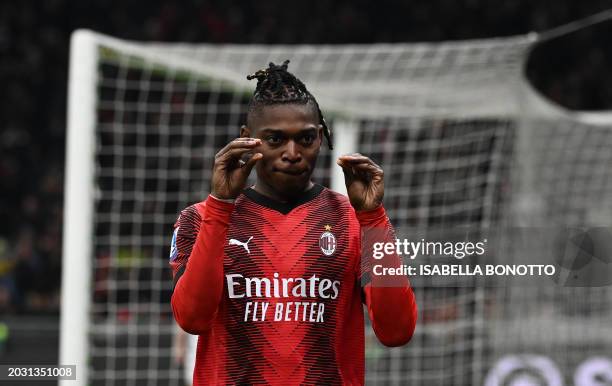 Milan's Portuguese forward Rafael Leao celebrates after scoring a goal during the Italian Serie A football match between Milan AC and Atalanta at San...