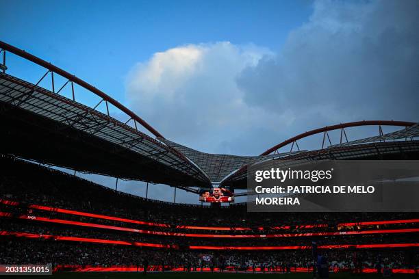 The image of Benfica's Argentine defender Nicolas Otamendi is seen on a screen before the Portuguese League football match between SL Benfica and...