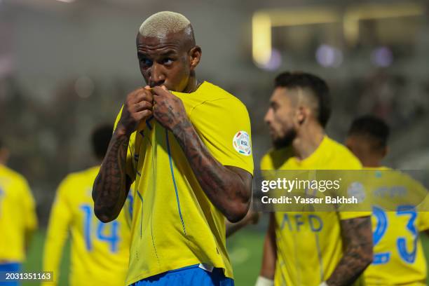 Anderson Talisca of Al Nassr celebrates after scoring the 3rd goal during the Saudi Pro League match between Al-Shabab and Al-Nassr at Al-Shabab Club...