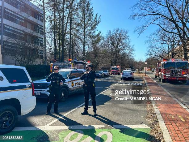 Members of the US Secret Service uniformed division block access to a street leading to the Embassy of Israel in Washington, DC on February 25, 2024....