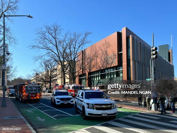 Secret Service vehicles block access to a street leading to the Embassy of Israel in Washington, DC on February 25, 2024. A man reportedly set...