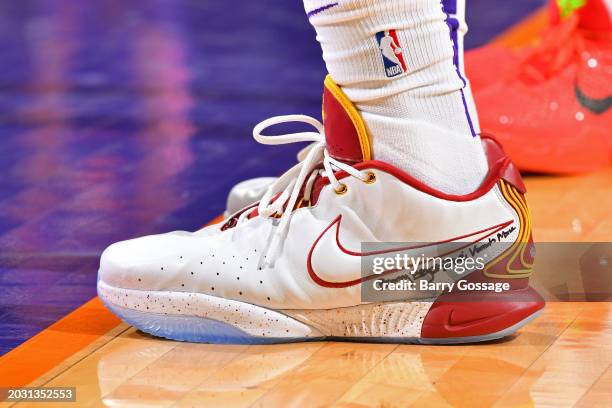 The sneakers worn by LeBron James of the Los Angeles Lakers during the game against the Phoenix Suns on February 25, 2024 at Footprint Center in...