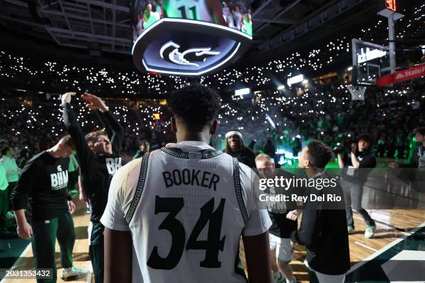 Xavier Booker of the Michigan State Spartans during introductions before a game against Ohio State Buckeyes at Breslin Center on February 25, 2024 in...