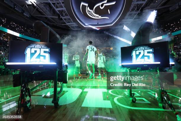 Xavier Booker of the Michigan State Spartans during introductions before a game against Ohio State Buckeyes at Breslin Center on February 25, 2024 in...