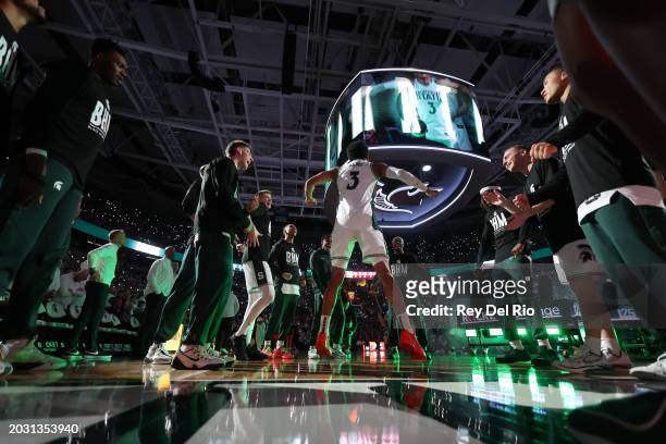 Jaden Akins of the Michigan State Spartansduring introductions before a game against Ohio State Buckeyes at Breslin Center on February 25, 2024 in...