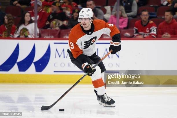 Jamie Drysdale of the Philadelphia Flyers skates against the Chicago Blackhawks on February 21, 2024 at United Center in Chicago, Illinois.