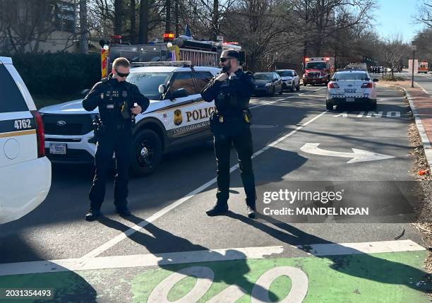 Members of the US Secret Service uniformed division block access to a street leading to the Embassy of Israel in Washington, DC on February 25, 2024....