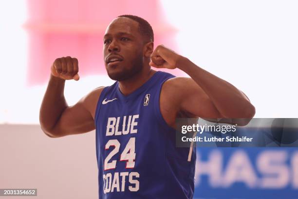 Jared Brownridge of the Delaware Blue Coats celebrates during the game against the Motor City Cruise on February 25, 2024 in Wilmington,DE. NOTE TO...