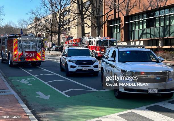 Secret Service vehicles block access to a street leading to the Embassy of Israel in Washington, DC on February 25, 2024. A man reportedly set...