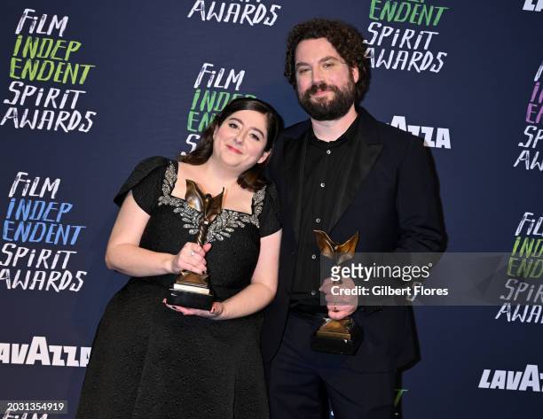 Samy Burch and Alex Mechanik win Best First Screenplay for "May December" at the 2024 Film Independent Spirit Awards held at the Santa Monica Pier on...