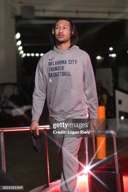 Jaylin Williams of the Oklahoma City Thunder arrives to the arena before the game on February 25, 2024 at the Toyota Center in Houston, Texas. NOTE...