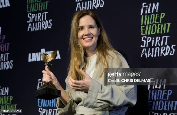 French director and screenwriter Justine Triet holds the award for Best International Film for "Anatomy of a Fall" during the Film Independent Spirit...