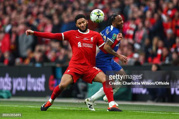 Joe Gomez of Liverpool and Raheem Sterling of Chelsea during the Carabao Cup Final match between Chelsea and Liverpool at Wembley Stadium on February...