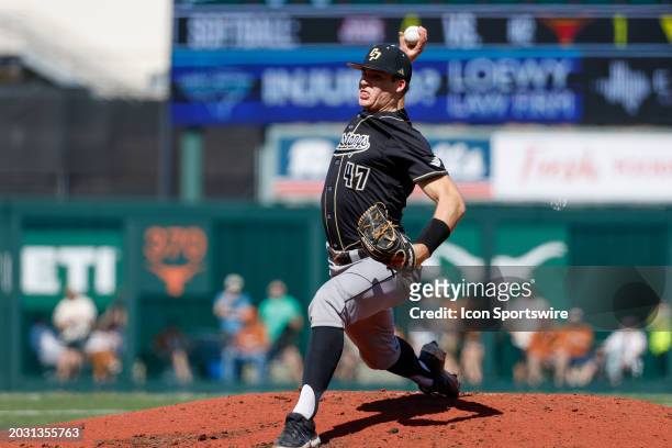 Cal Poly pitcher Ryan Baum pitches the ball during the college baseball game between Texas Longhorns and Cal Poly Mustangs on February 25 at UFCU...