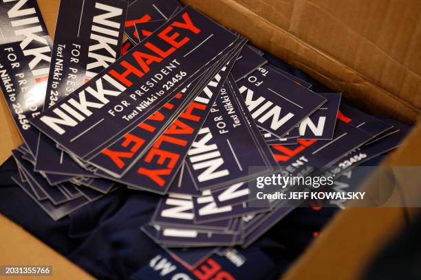 Campaign signs for US Republican presidential hopeful and former UN Ambassador Nikki Haley is seen at a rally in Troy Michigan, on February 25, 2024....